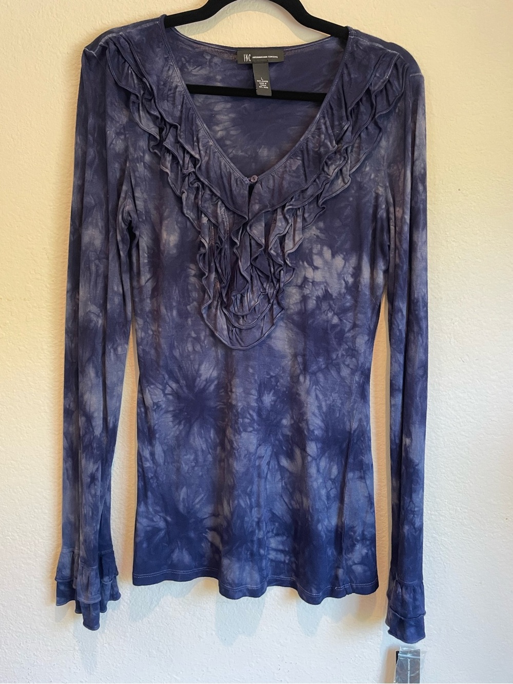 NWT INC International Concepts Navy Tie-Dye Ruffle Long Sleeve Top - size L